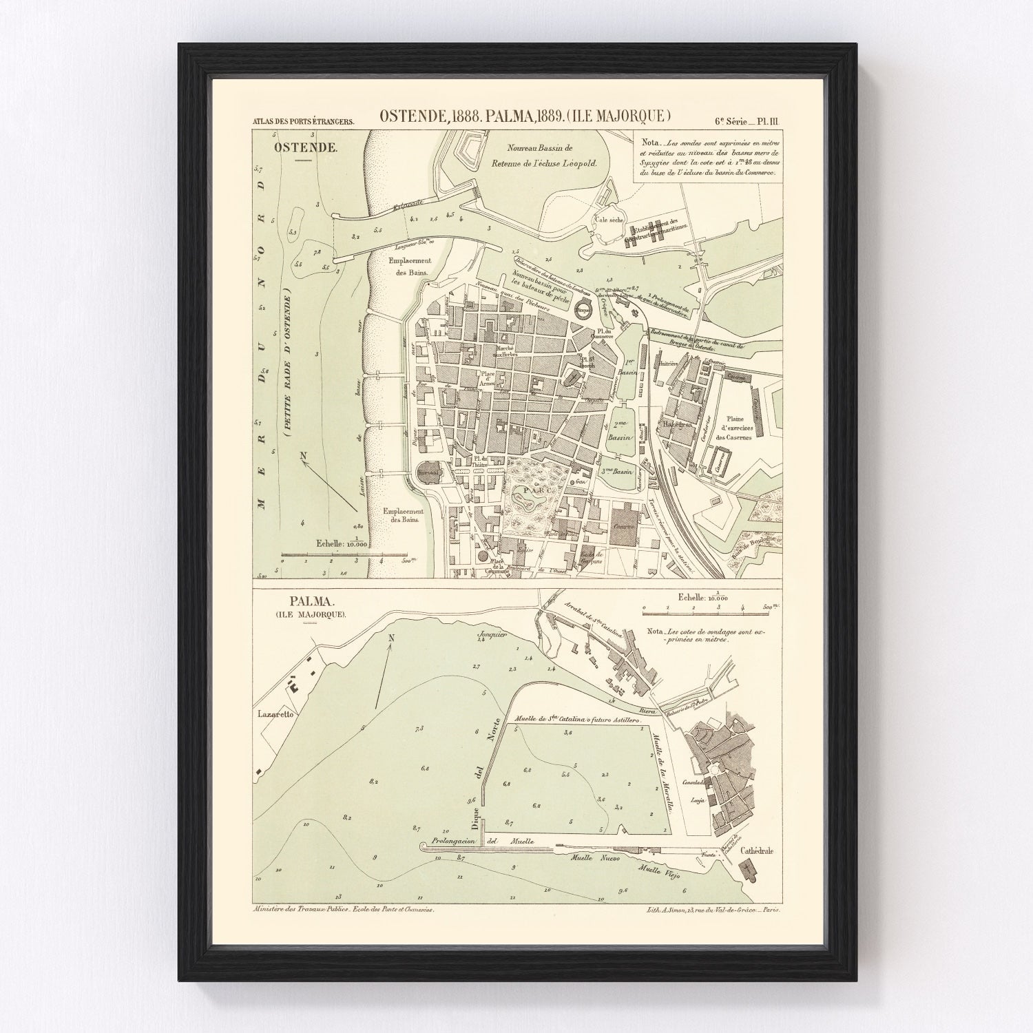 Vintage map of Ostend, Belgium, 1889