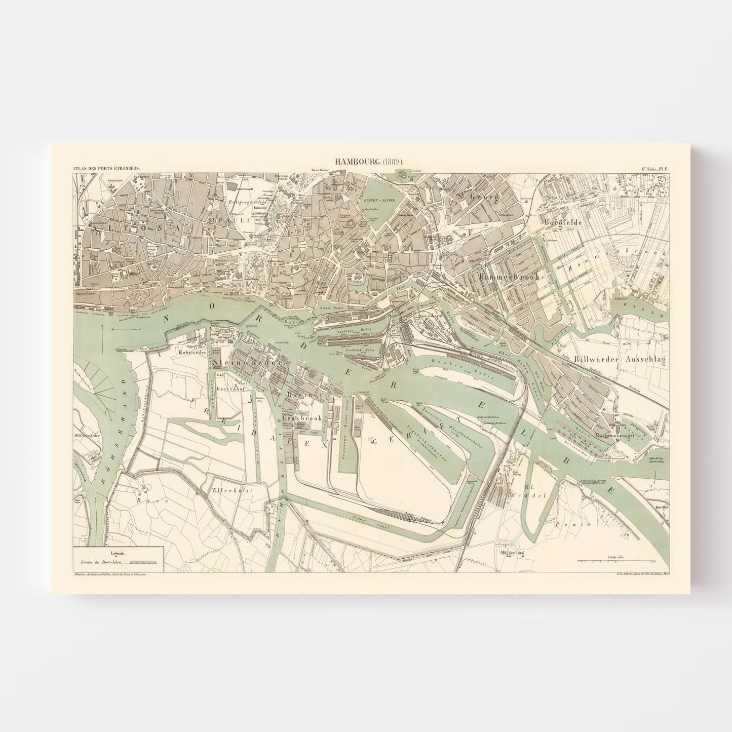 Vintage Map of Hamburg, Germany, 1889