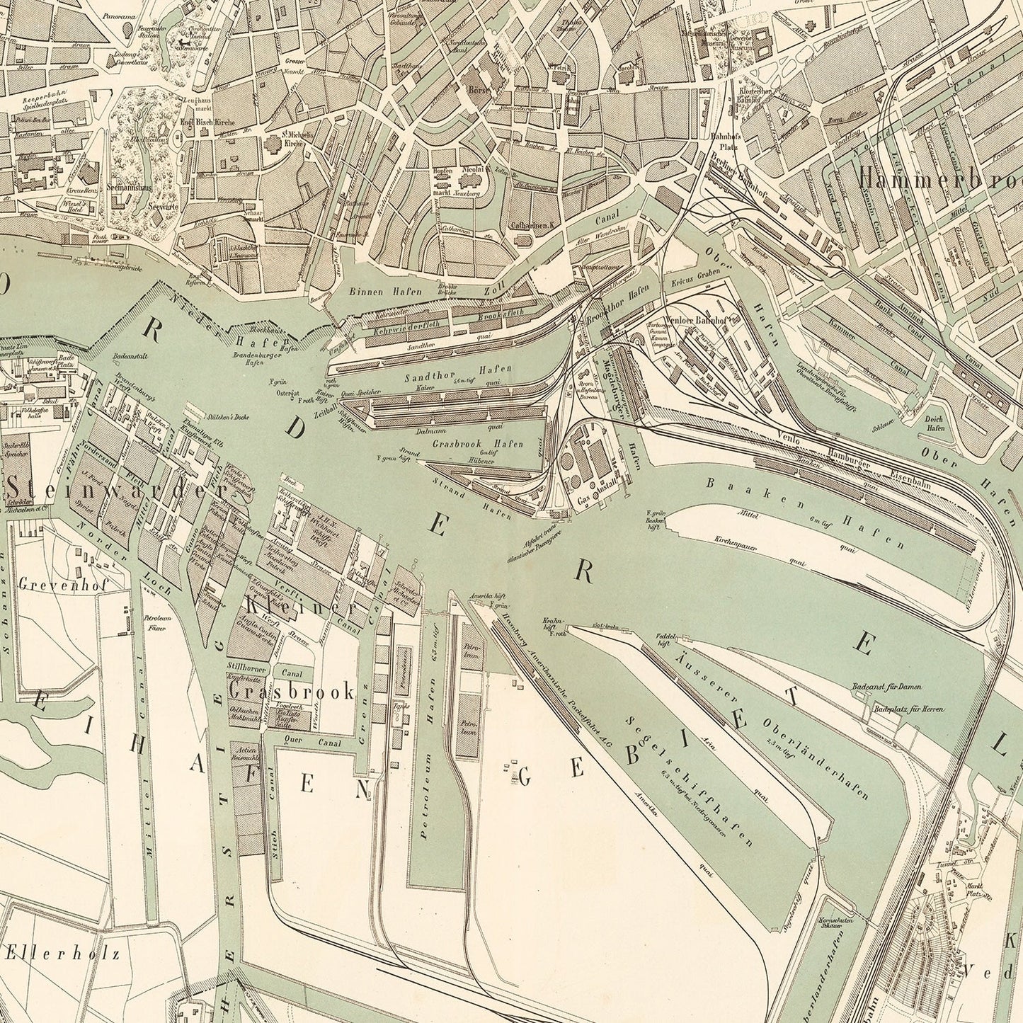 Vintage Map of Hamburg, Germany, 1889