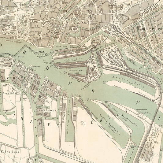 Vintage Map of Hamburg, Germany, 1889