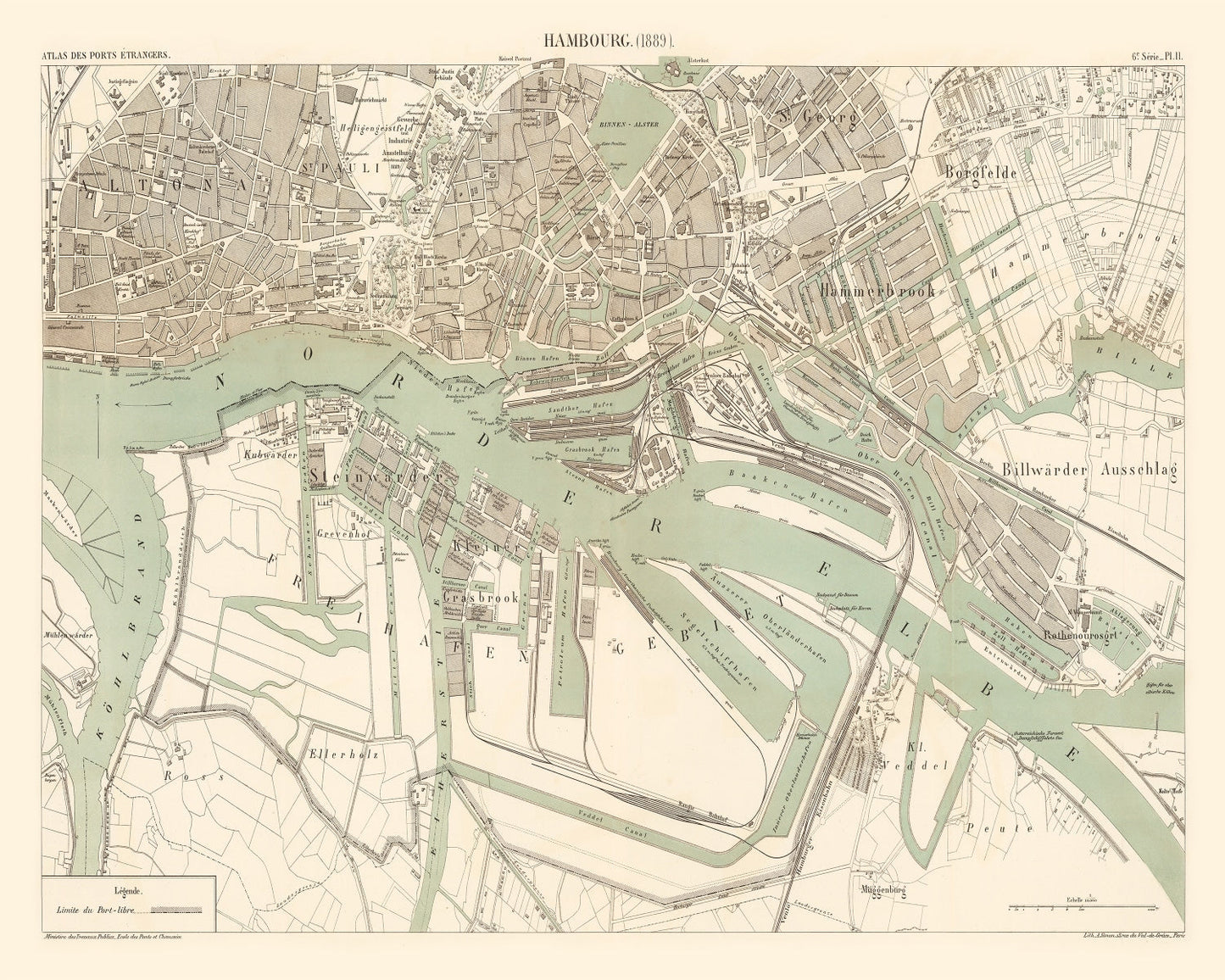 Vintage Map of Hamburg, Germany, 1889