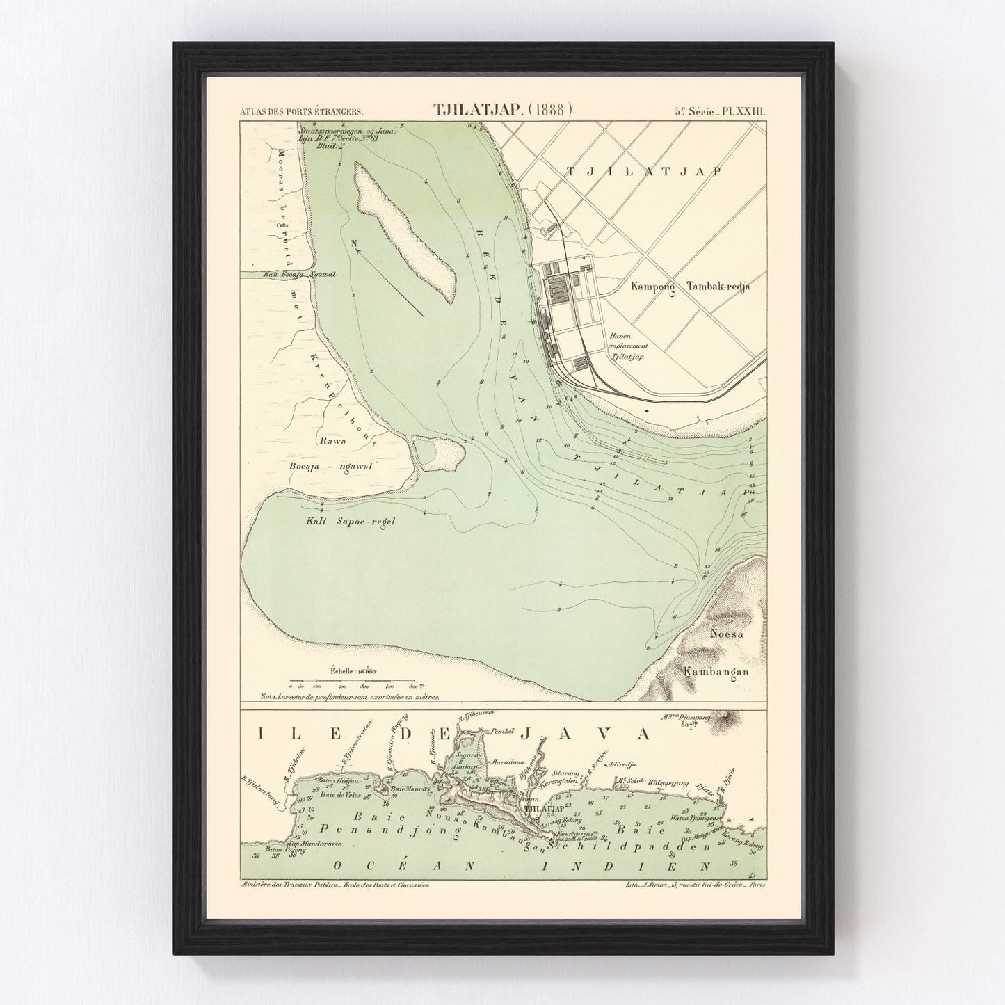 Vintage map of Cilacap, Java, Indonesia, 1888
