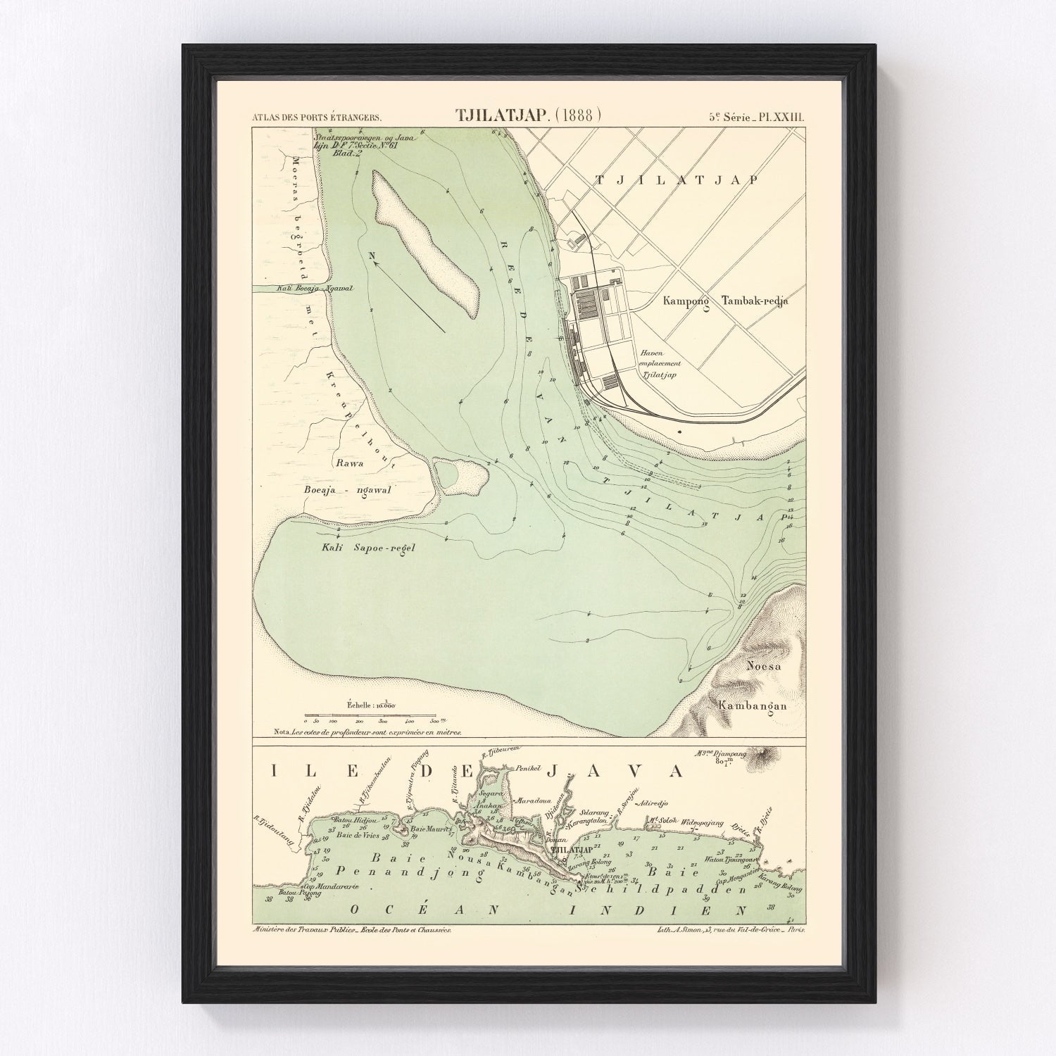 Vintage map of Cilacap, Java, Indonesia, 1888