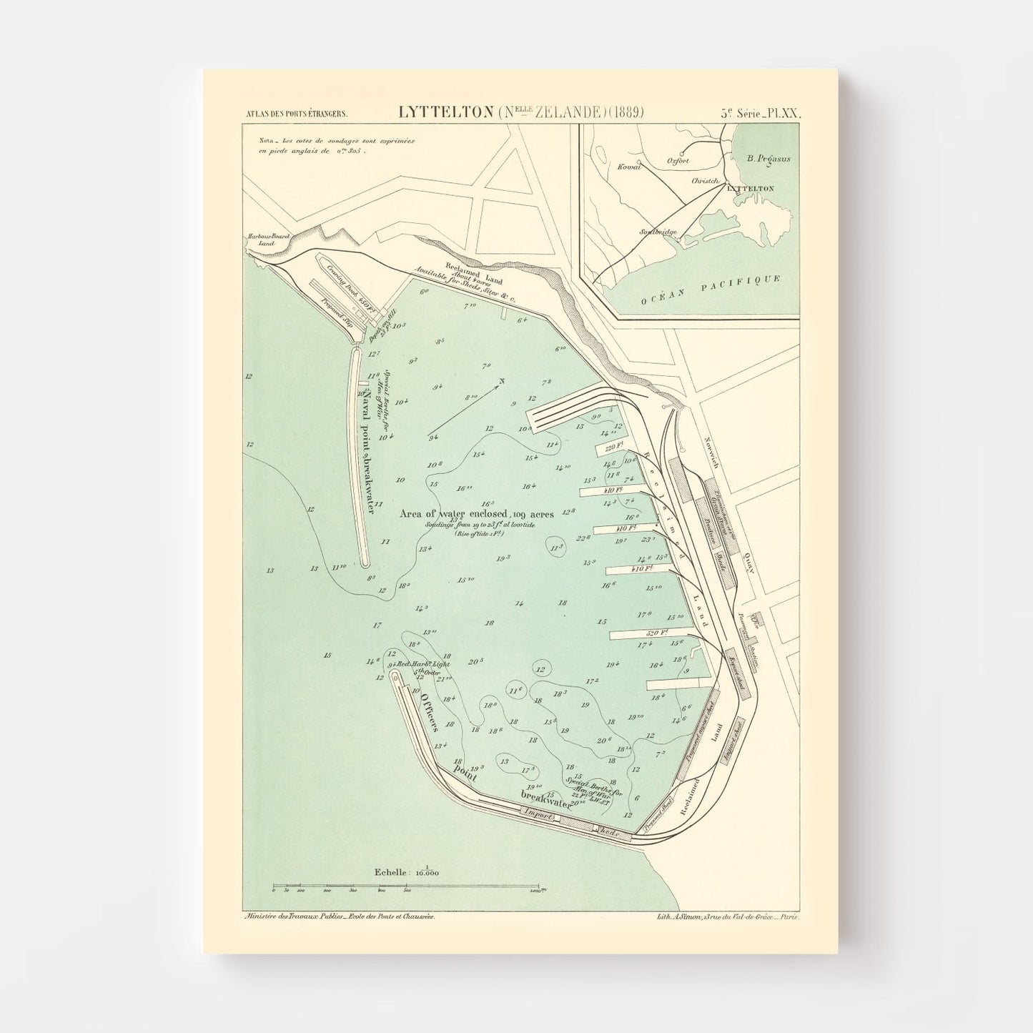 Vintage Map of Lyttelton, New Zealand, 1889