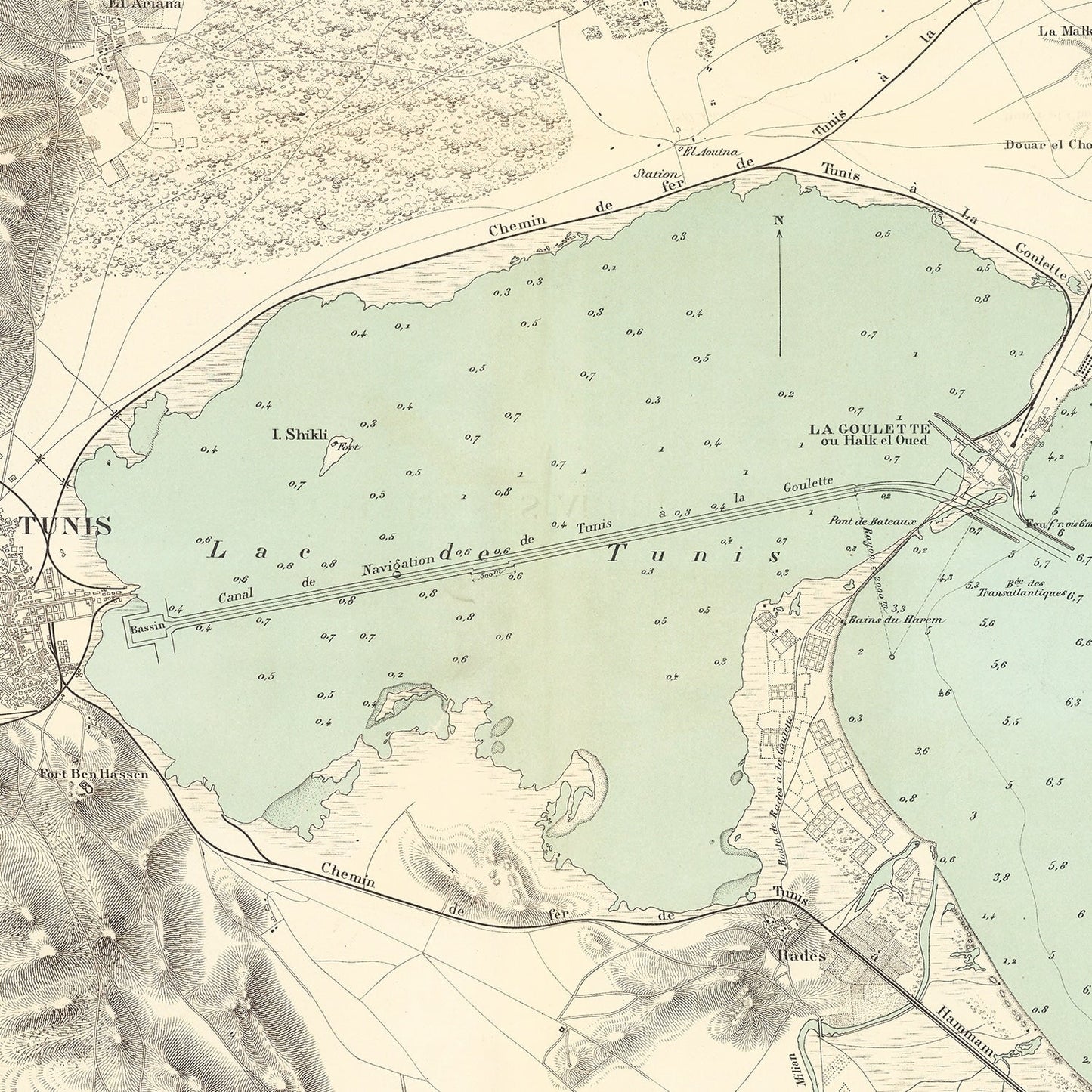 Vintage Map of Tunis, Tunisia, 1888 II