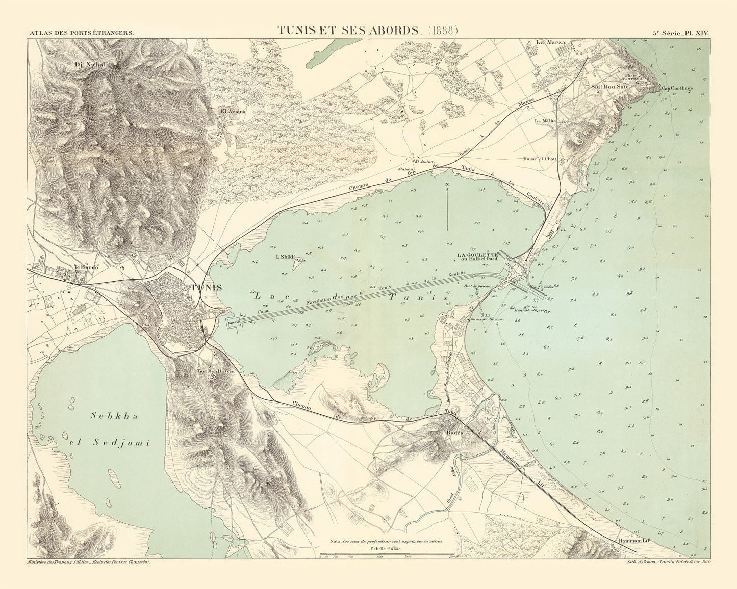 Vintage Map of Tunis, Tunisia, 1888 II