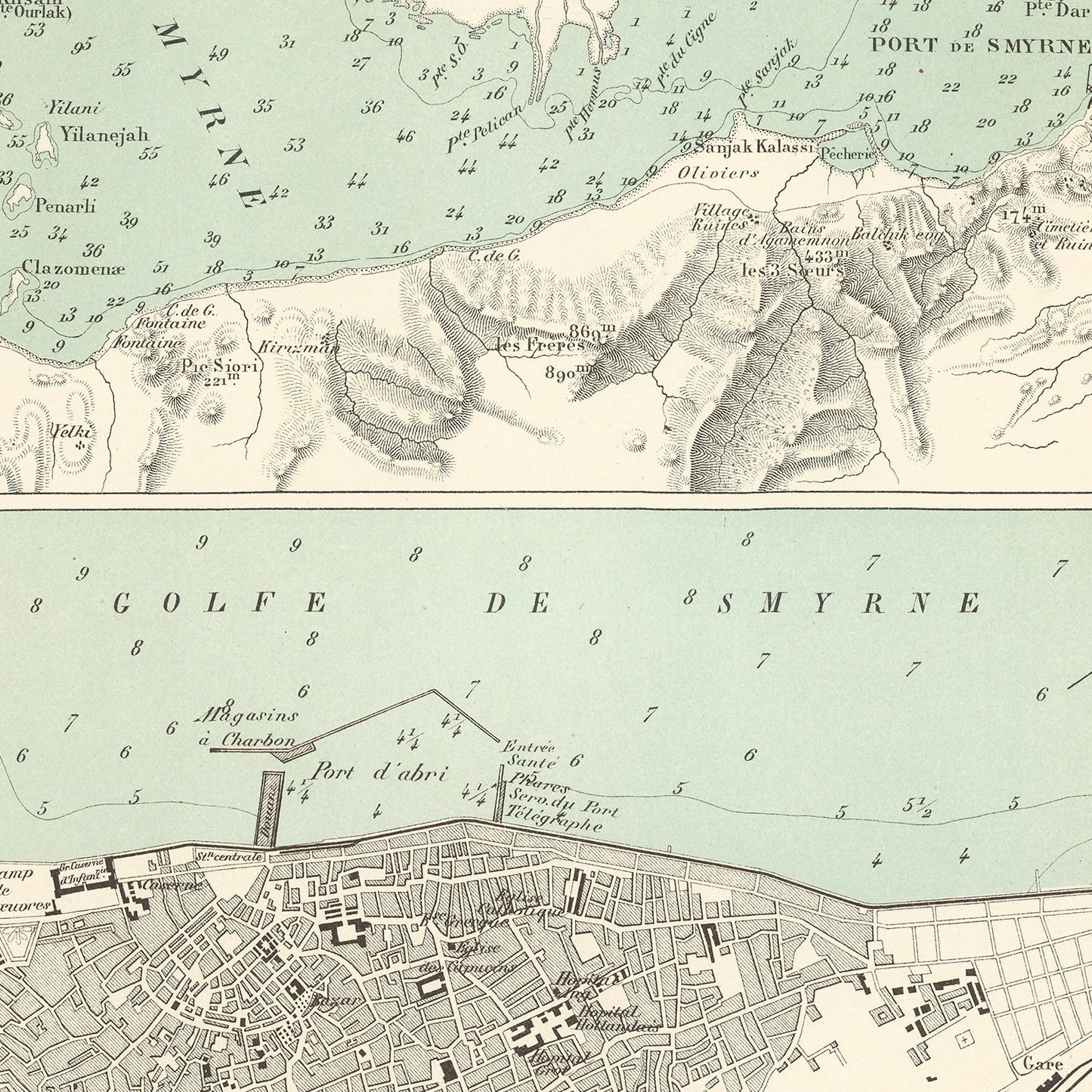 Vintage Map of Izmir, Turkey, 1888