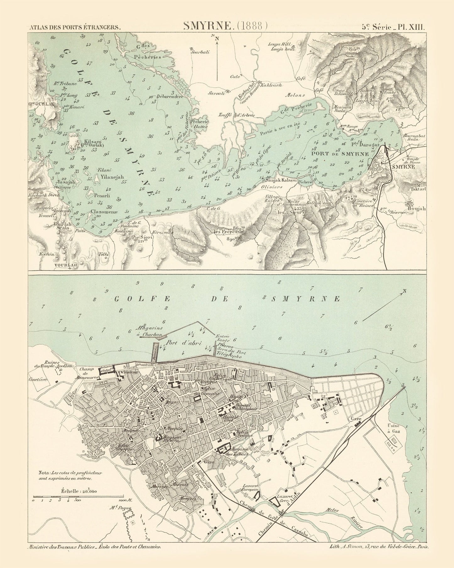 Vintage Map of Izmir, Turkey, 1888