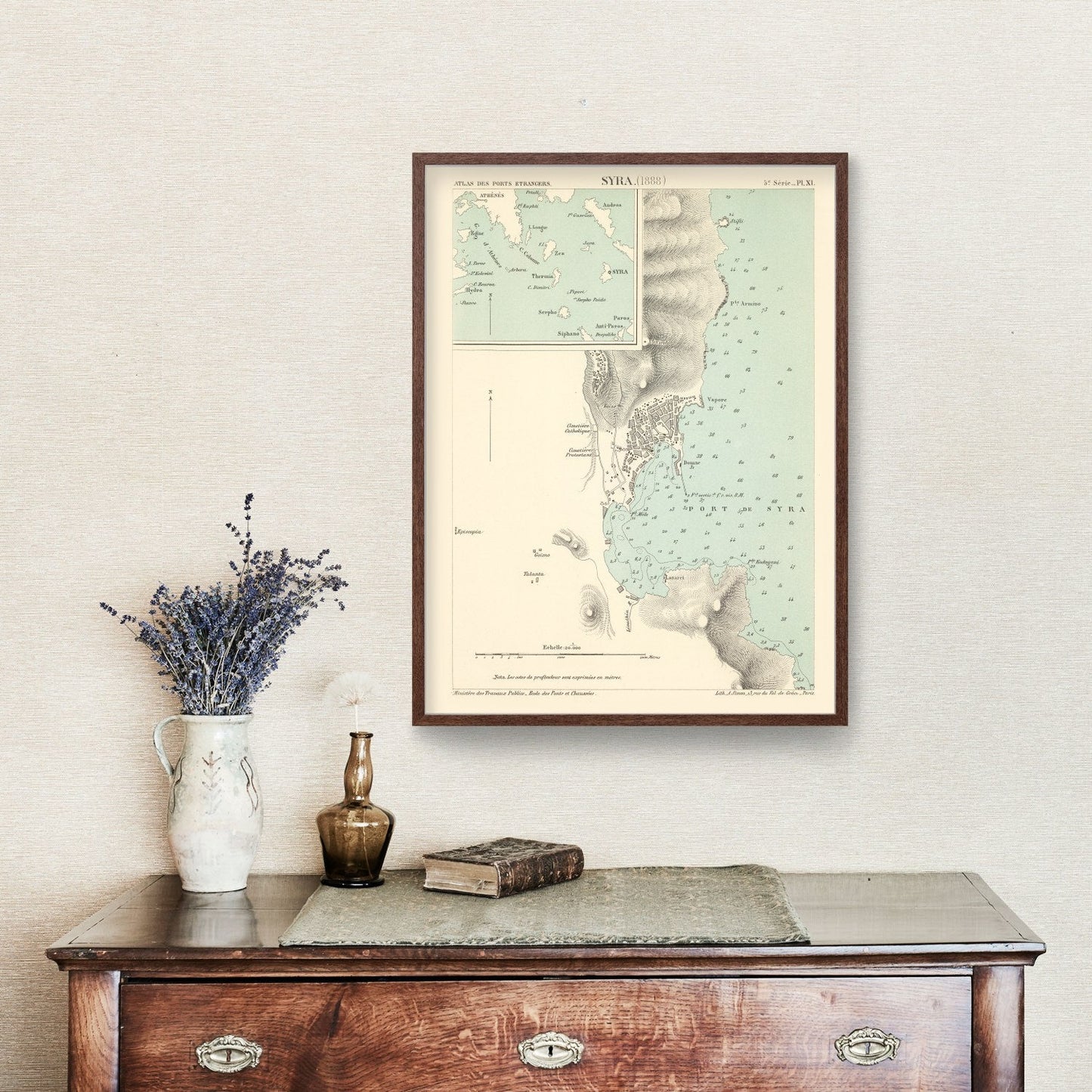 Vintage Map of Syros Island, Greece, 1888