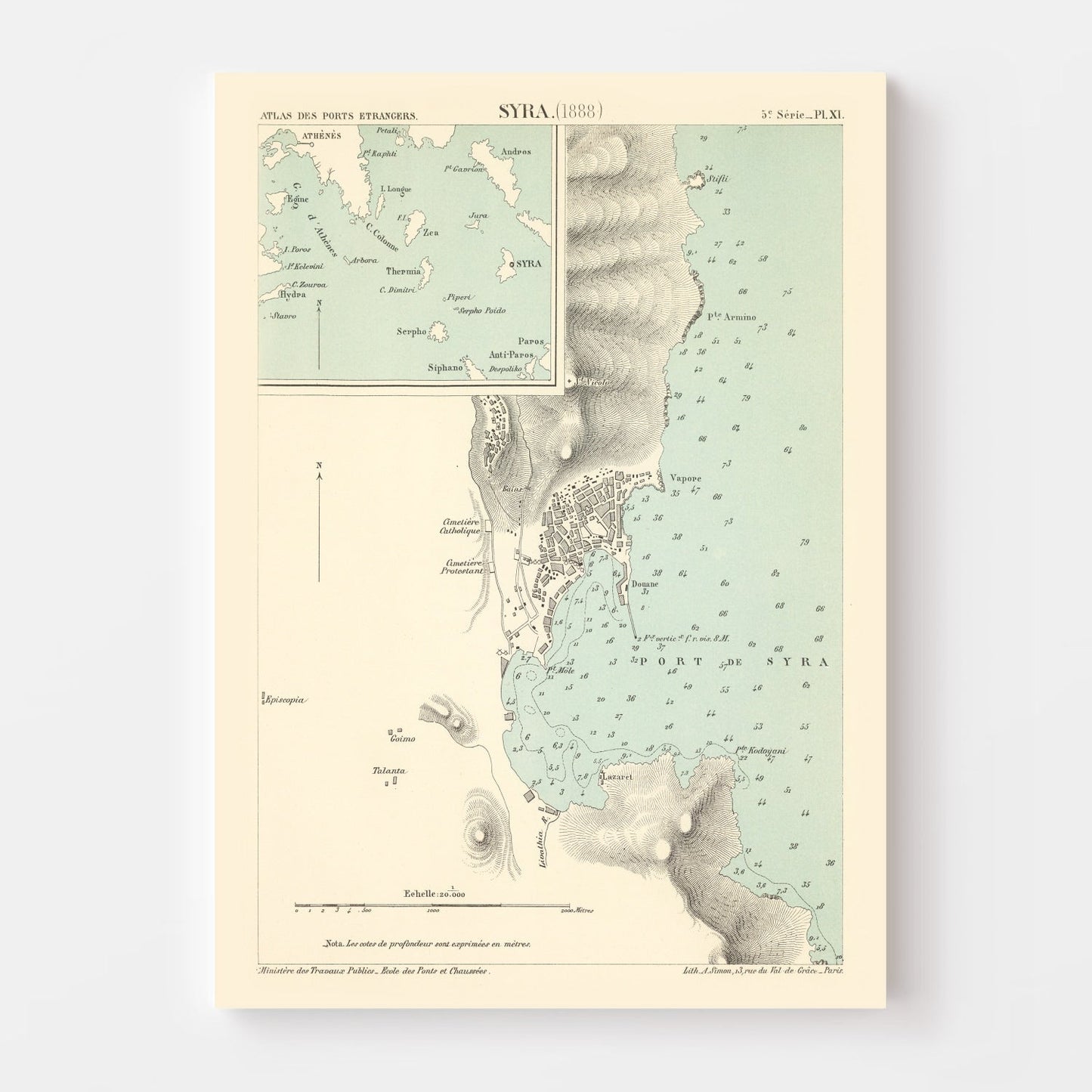 Vintage Map of Syros Island, Greece, 1888