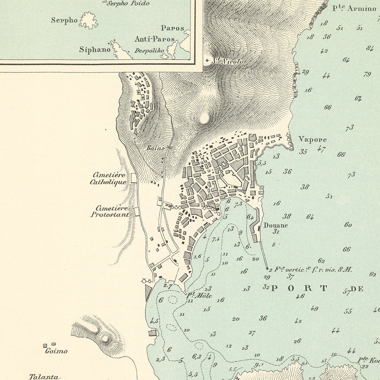 Vintage Map of Syros Island, Greece, 1888