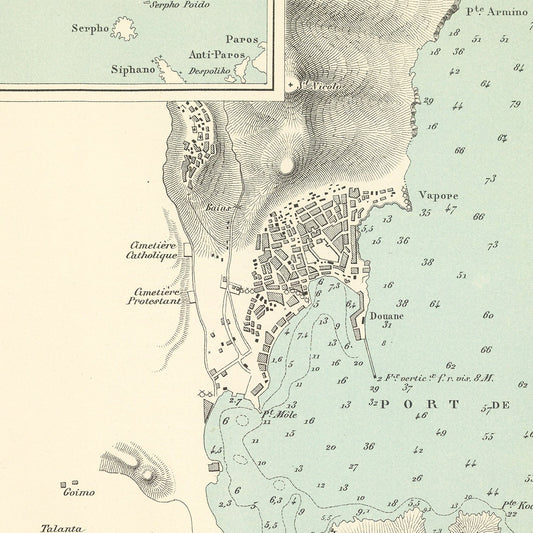 Vintage Map of Syros Island, Greece, 1888