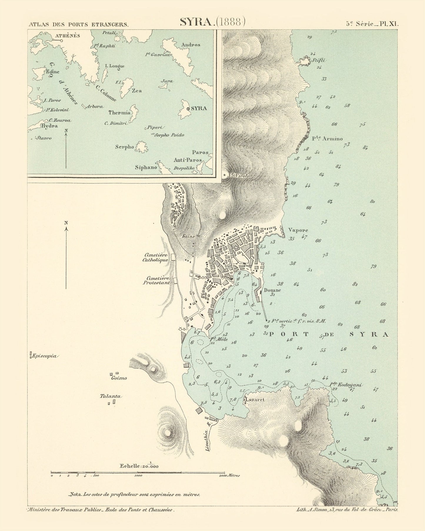 Vintage Map of Syros Island, Greece, 1888