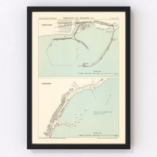 Vintage map of Tarragona, Spain, 1888
