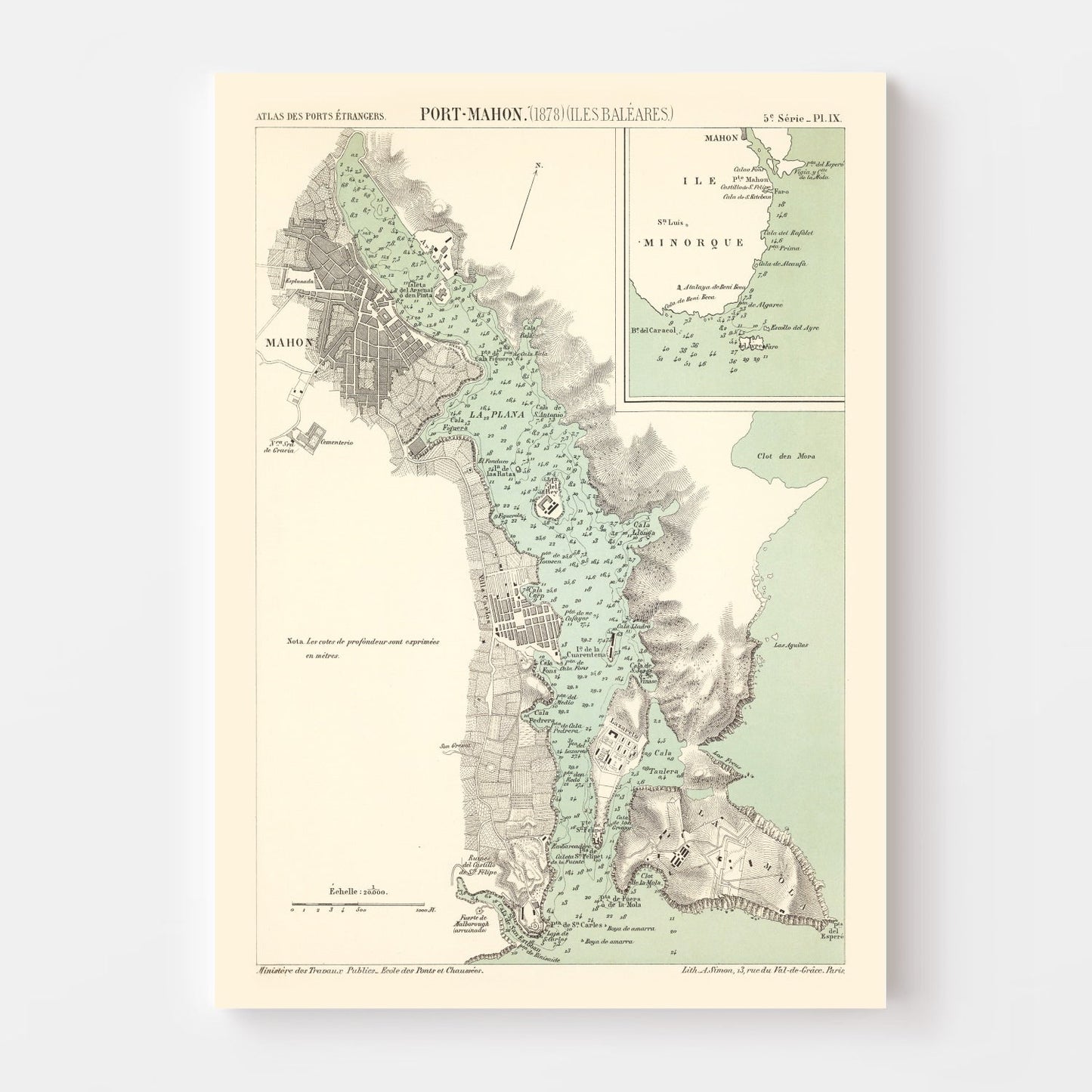 Vintage Map of Mahón, Spain, 1878 Wall Art