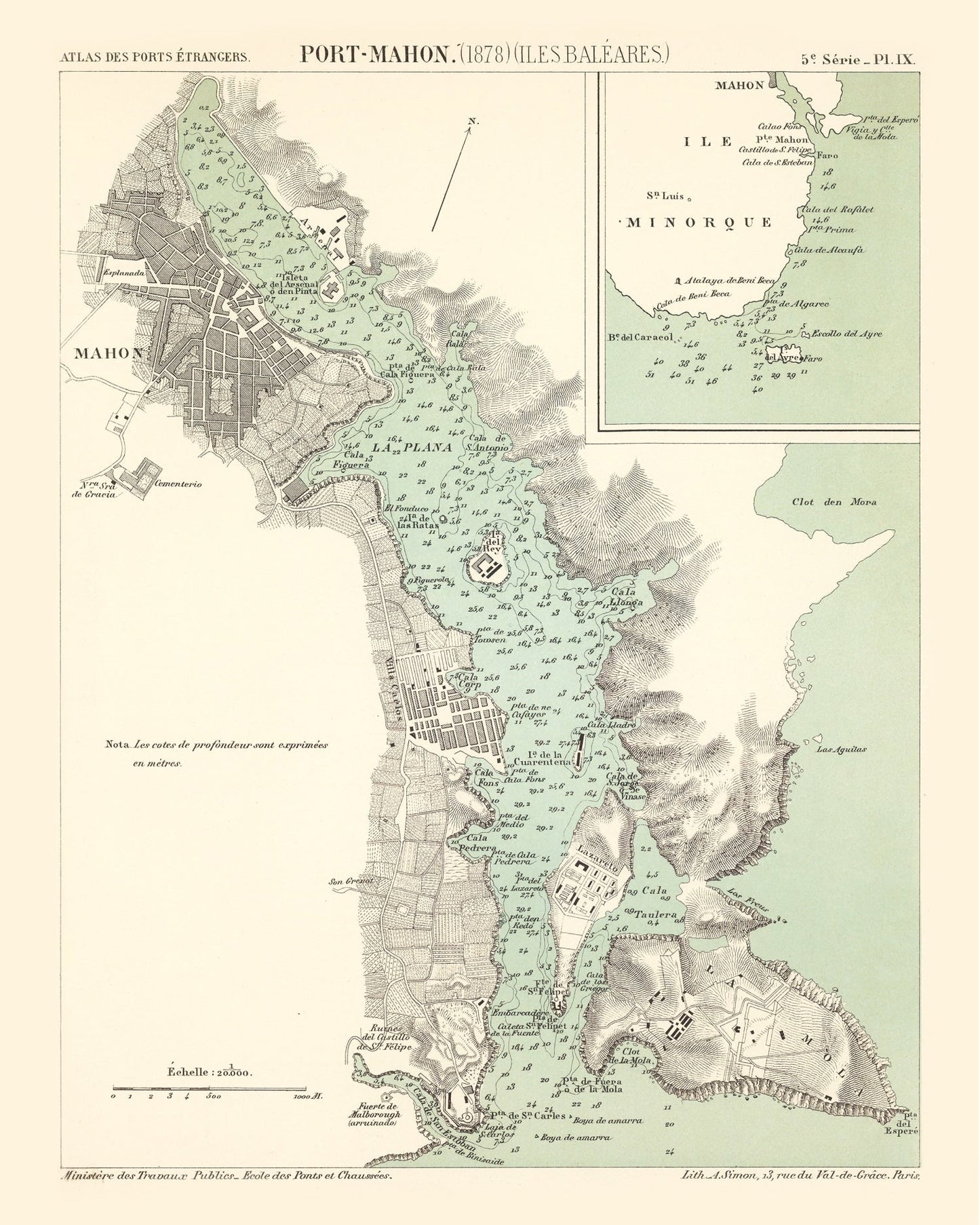 Vintage Map of Mahón, Spain, 1878 Wall Art