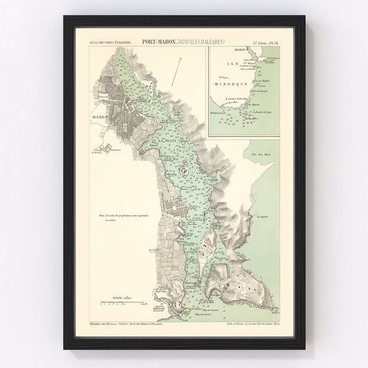 Vintage map of Mahón, Spain, 1878