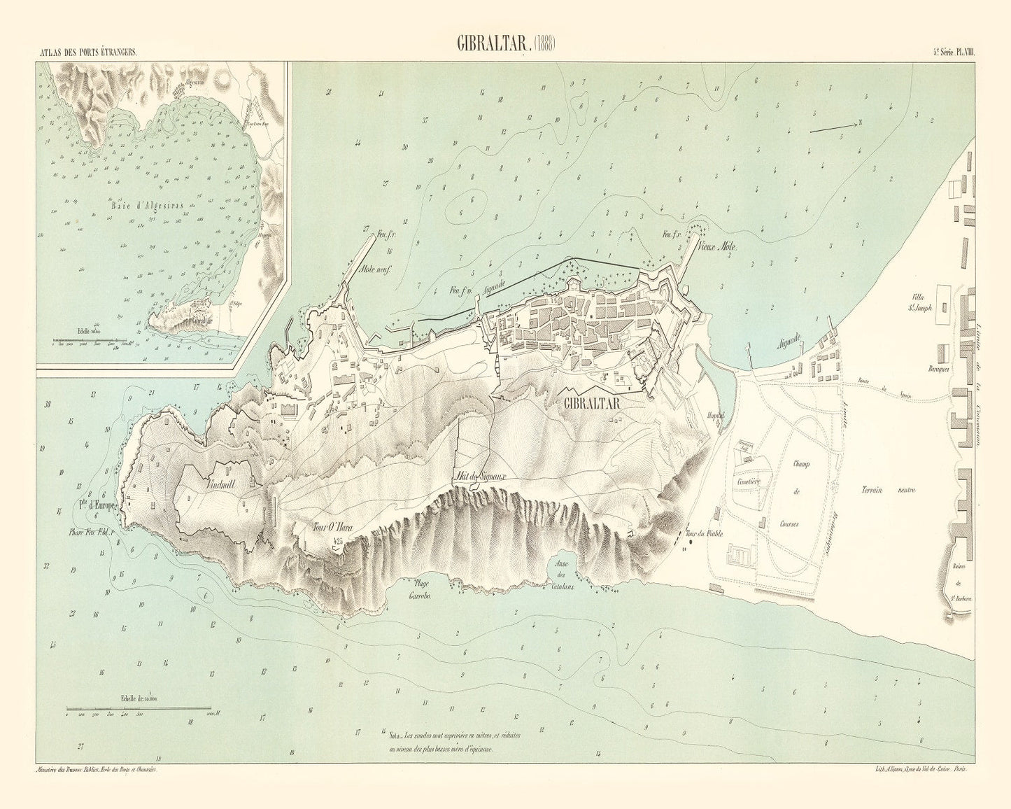 Vintage Map of Gibraltar, Spain, 1888