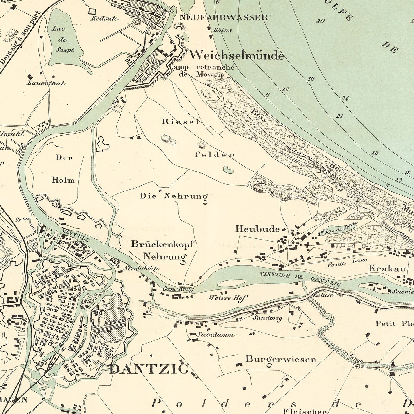 Vintage Map of Danzig, Poland 1889