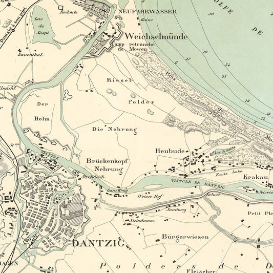 Vintage Map of Danzig, Poland 1889