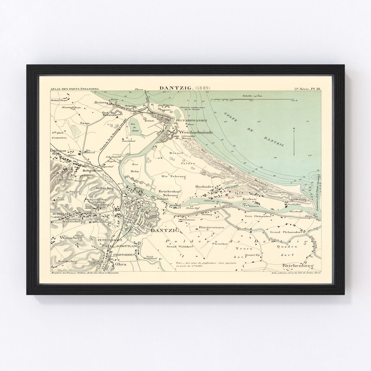 Vintage map of Danzig, Poland, 1889