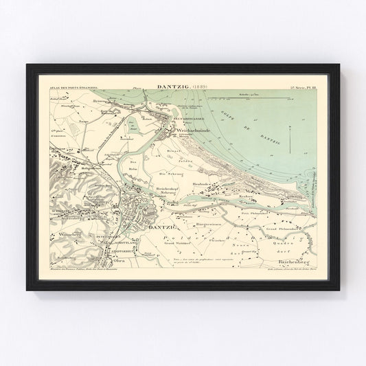 Vintage map of Danzig, Poland, 1889