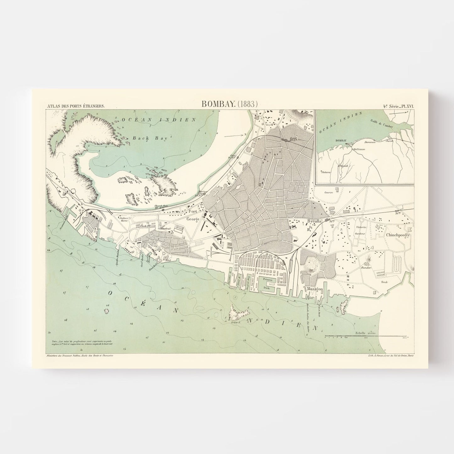 Vintage Map of Mumbai, India, 1883