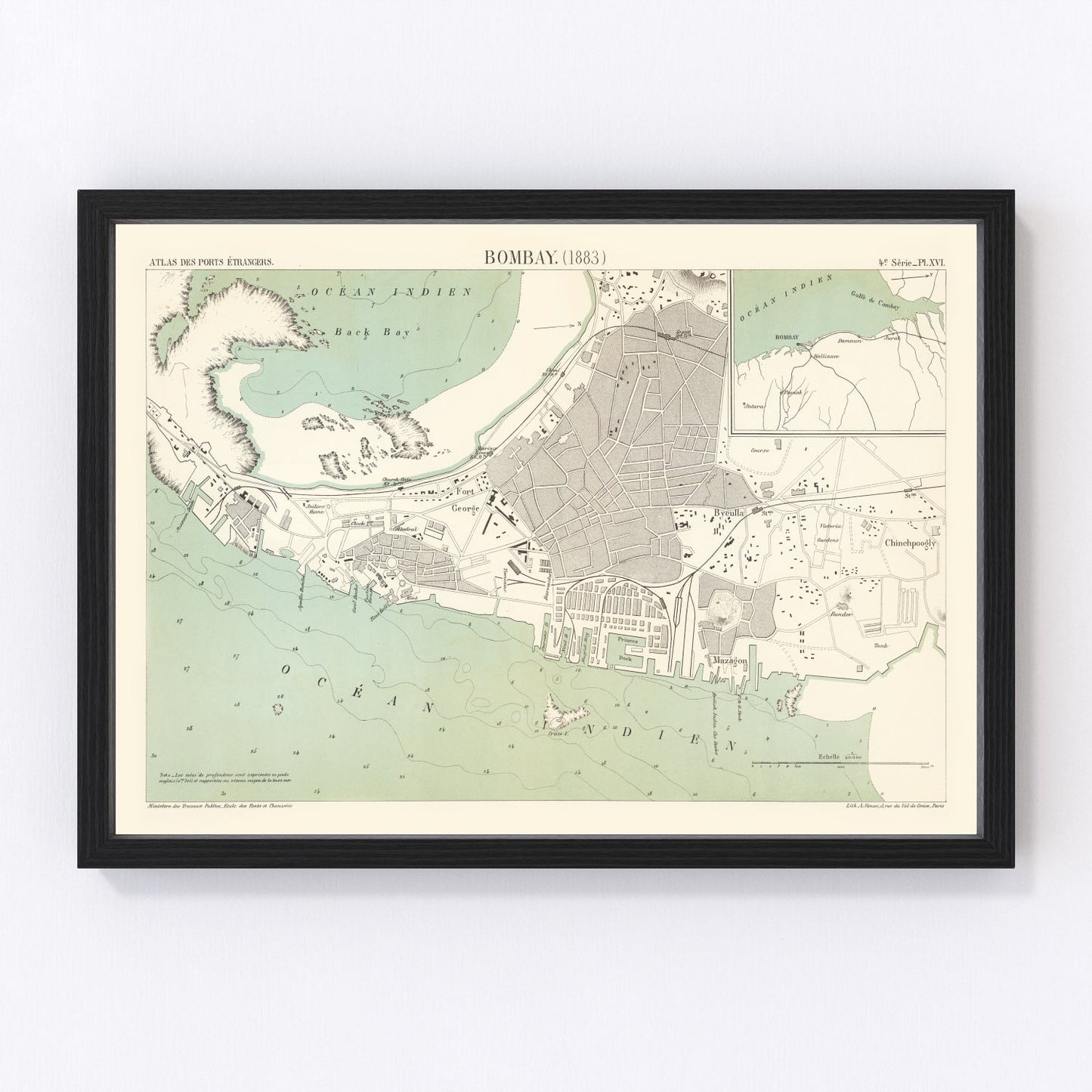 vintage map of Mumbai, India, 1883