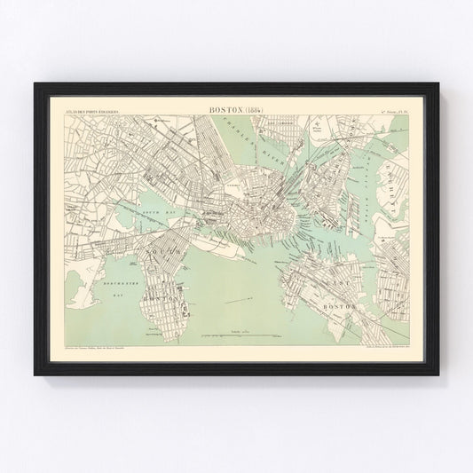 vintage map of Boston Massachusetts 1884, restored print wall art