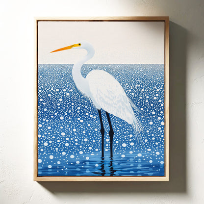 White Egret in Snowfall - Minimalist Bird Wall Art