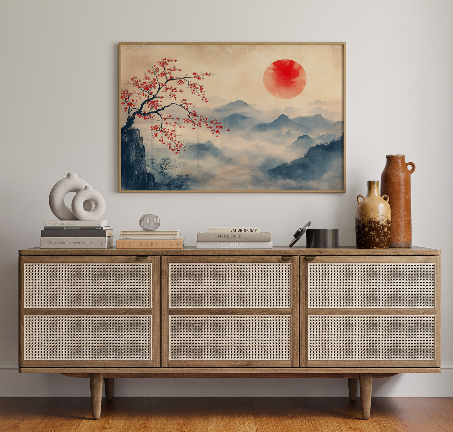 Japanese Red Sun and Misty Mountain Wall Art Print