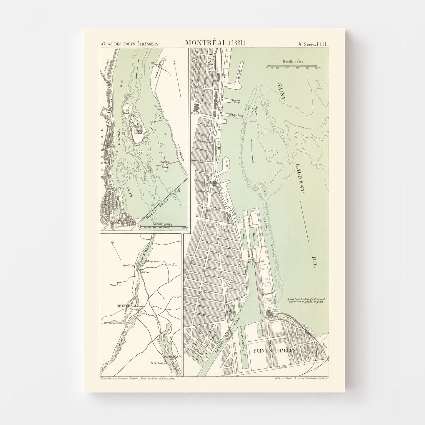 Vintage Map of Montreal, Canada, 1881