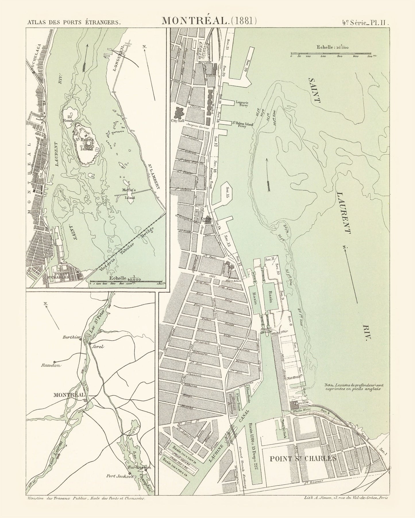 Vintage Map of Montreal, Canada, 1881