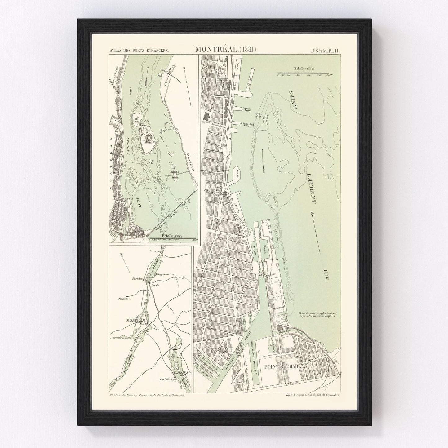 Vintage map of Montreal, Canada, 1881