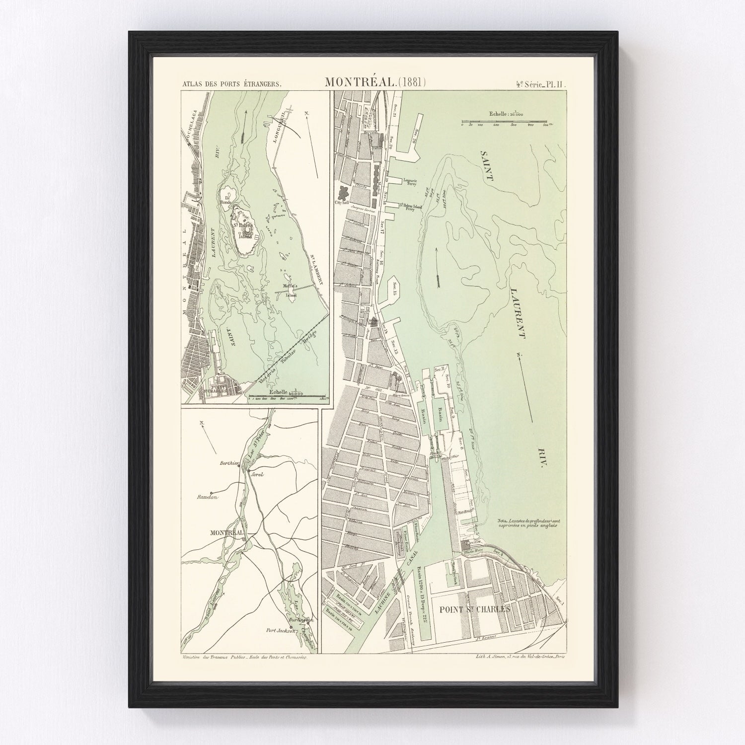 Vintage map of Montreal, Canada, 1881