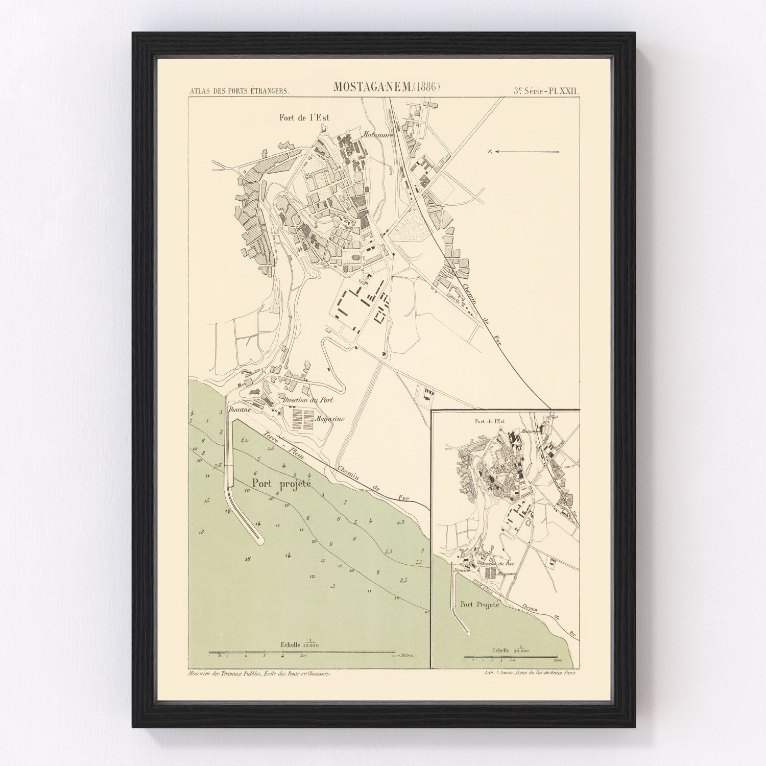 vintage map of Mostaganem, Algeria, 1886