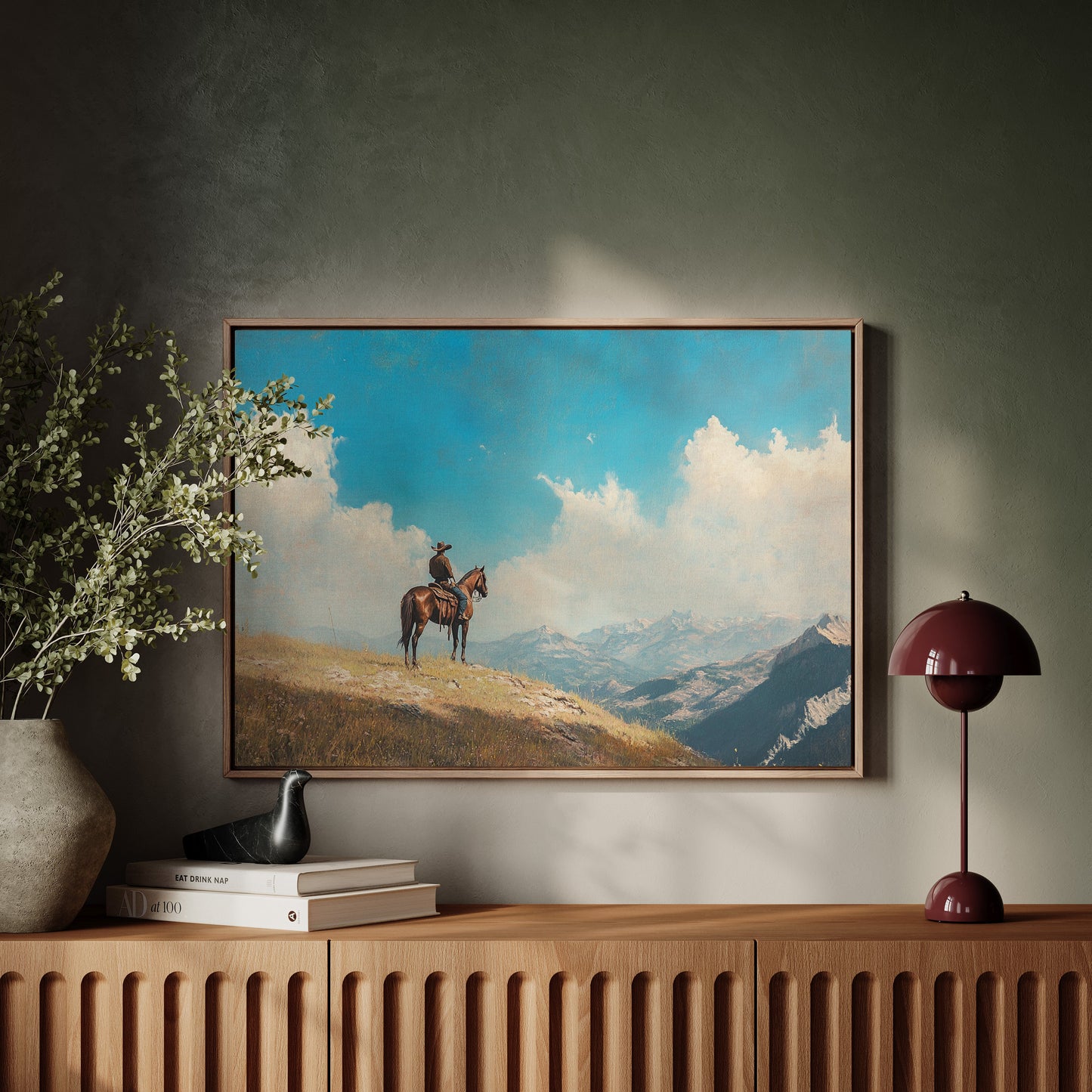 Lone Cowboy on Horseback Western Mountain Print