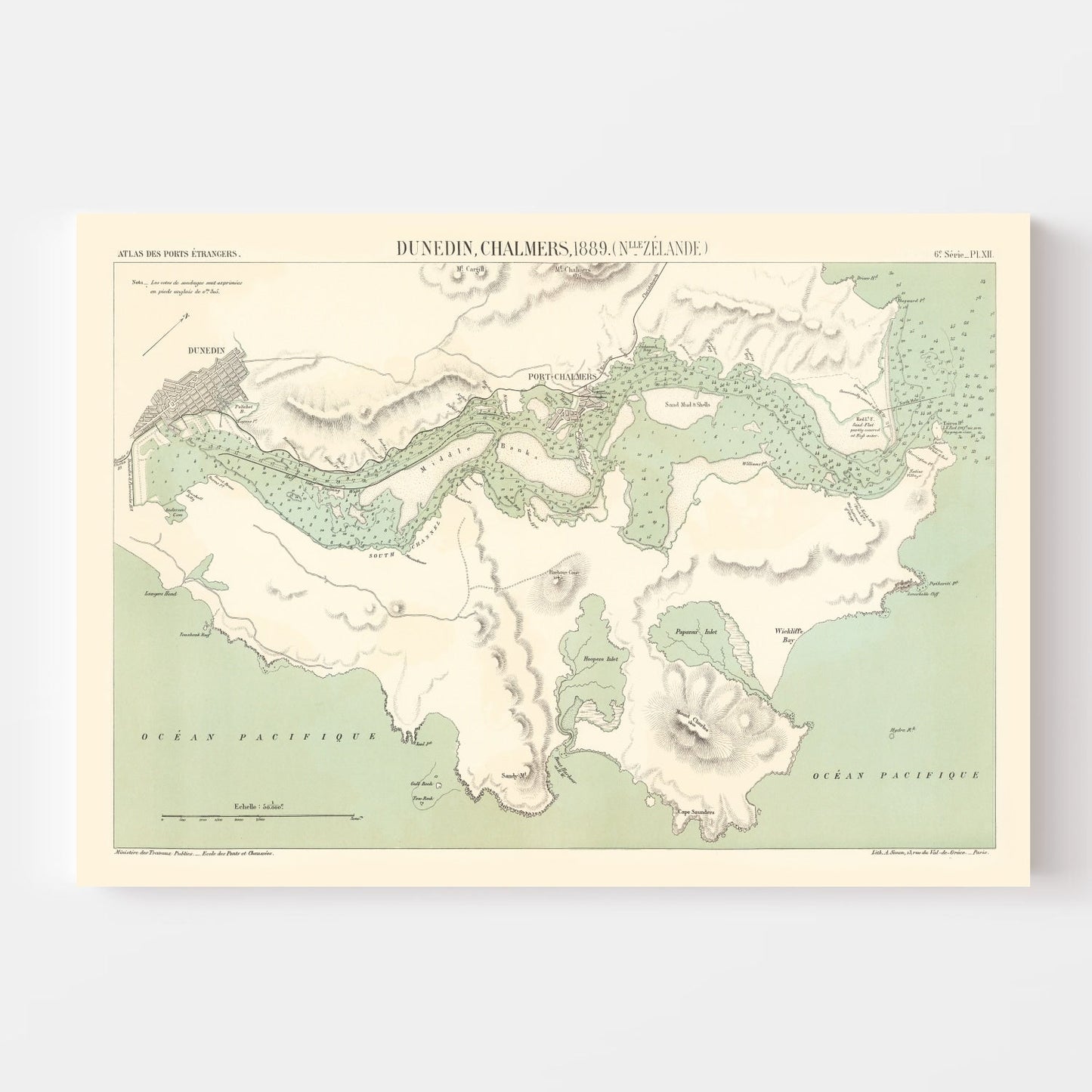 Vintage Map of Dunedin, New Zealand, 1889