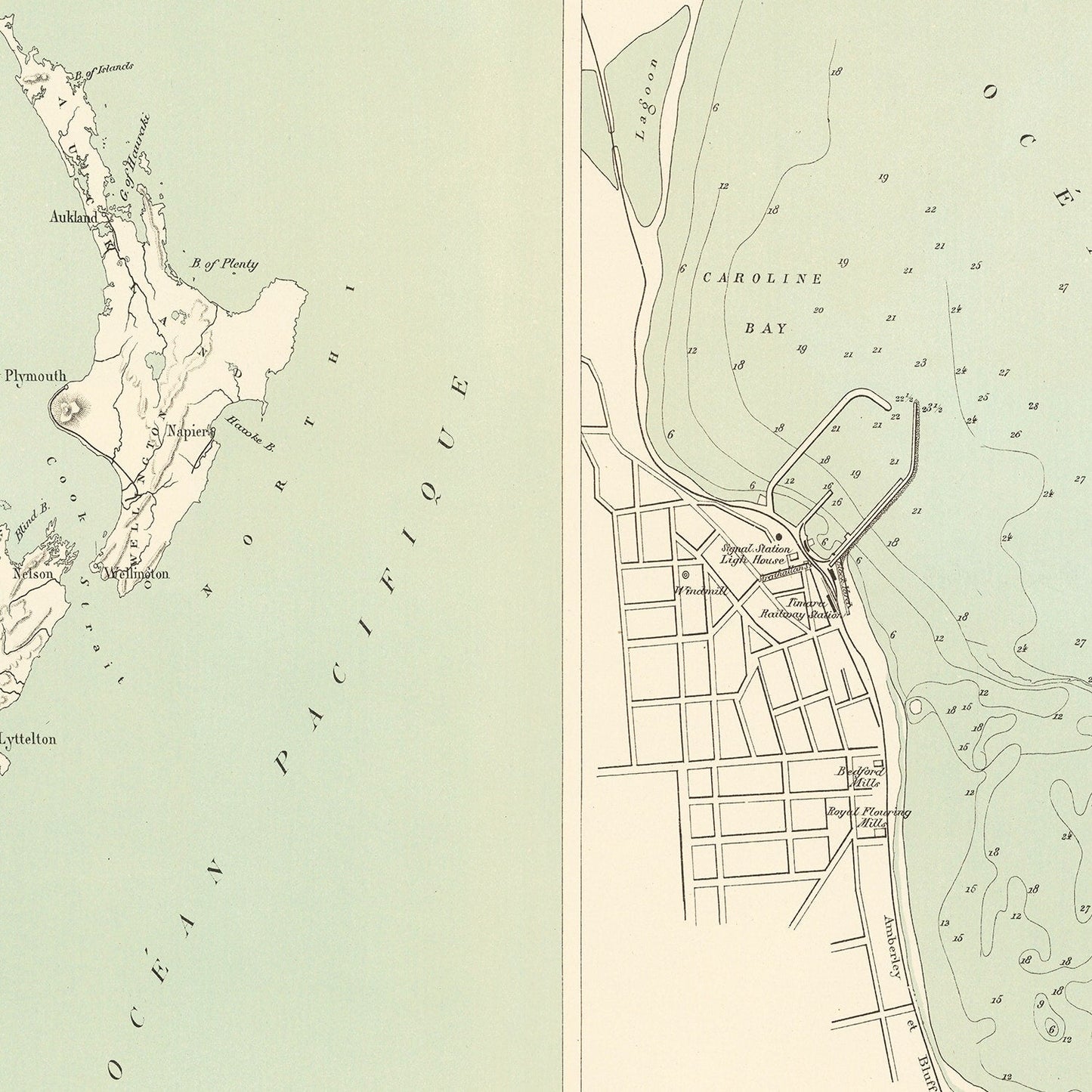 Vintage Map of Timaru, New Zealand, 1890