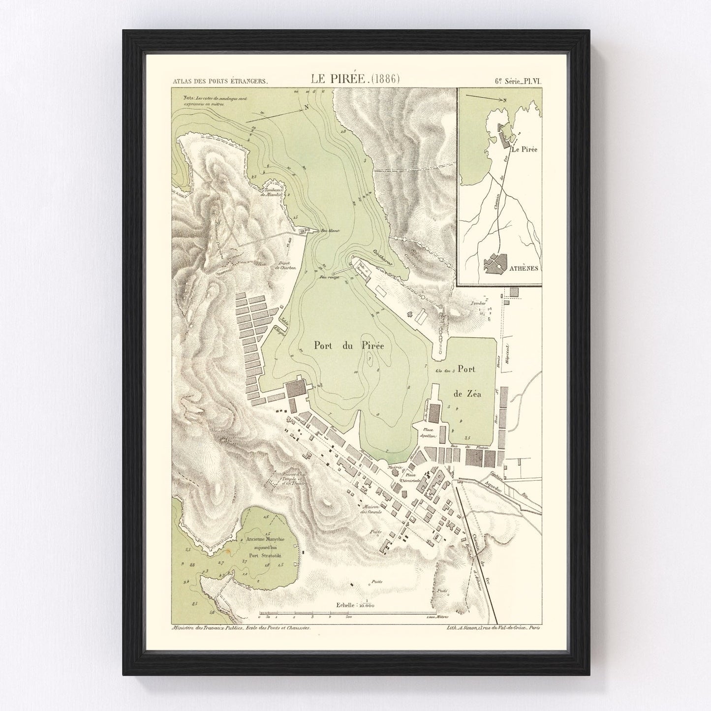 vintage map of Piraeus, Greece, 1886