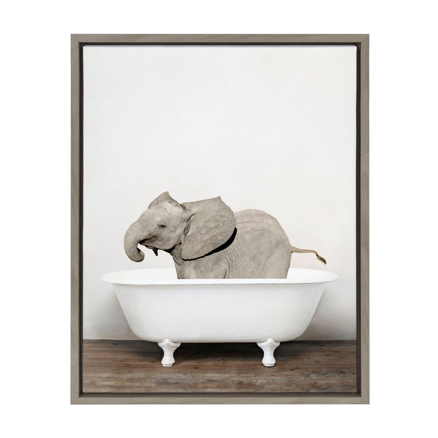 Baby Elephant in the Tub Framed Canvas Wall Art