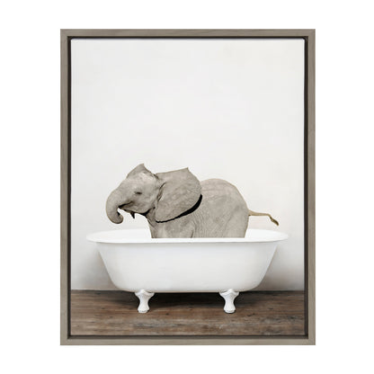 Baby Elephant in the Tub Framed Canvas Wall Art