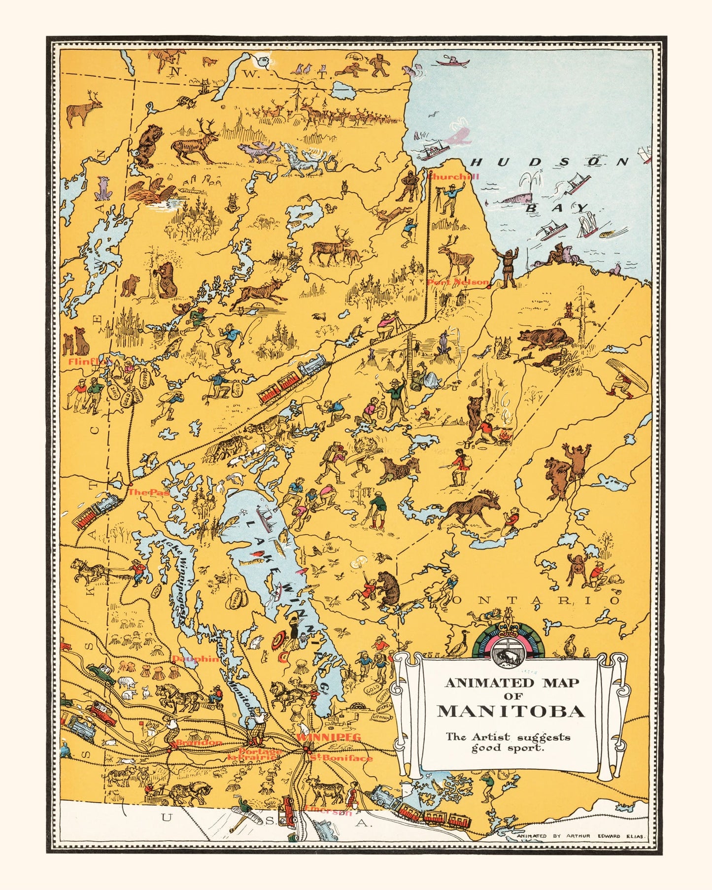 Vintage Map of Manitoba, Canada, 1929