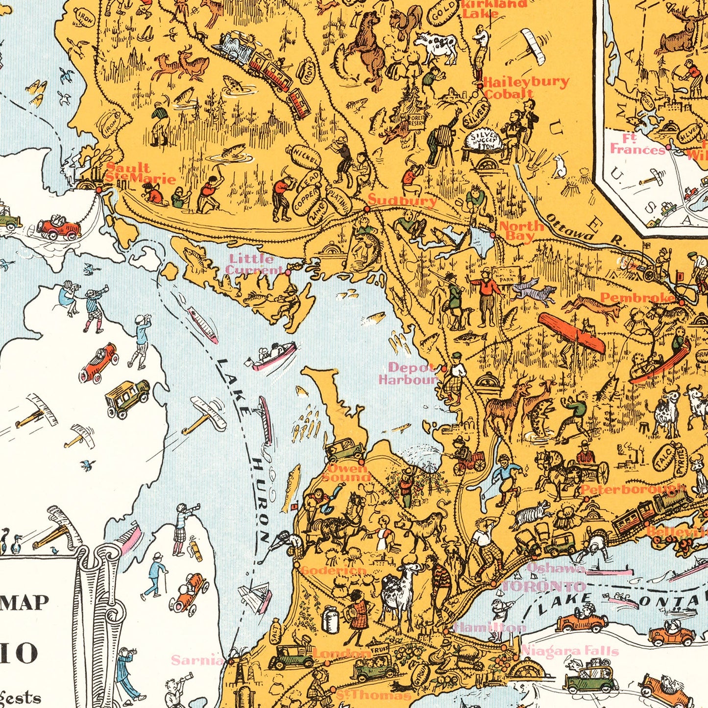 Vintage Map of Ontario, Canada, 1929