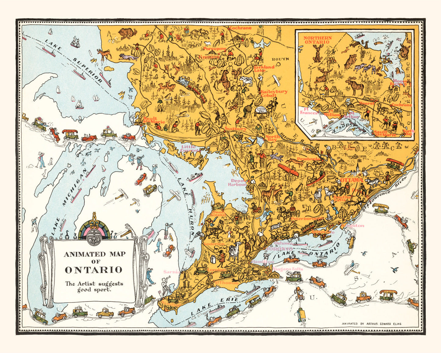 Vintage Map of Ontario, Canada, 1929