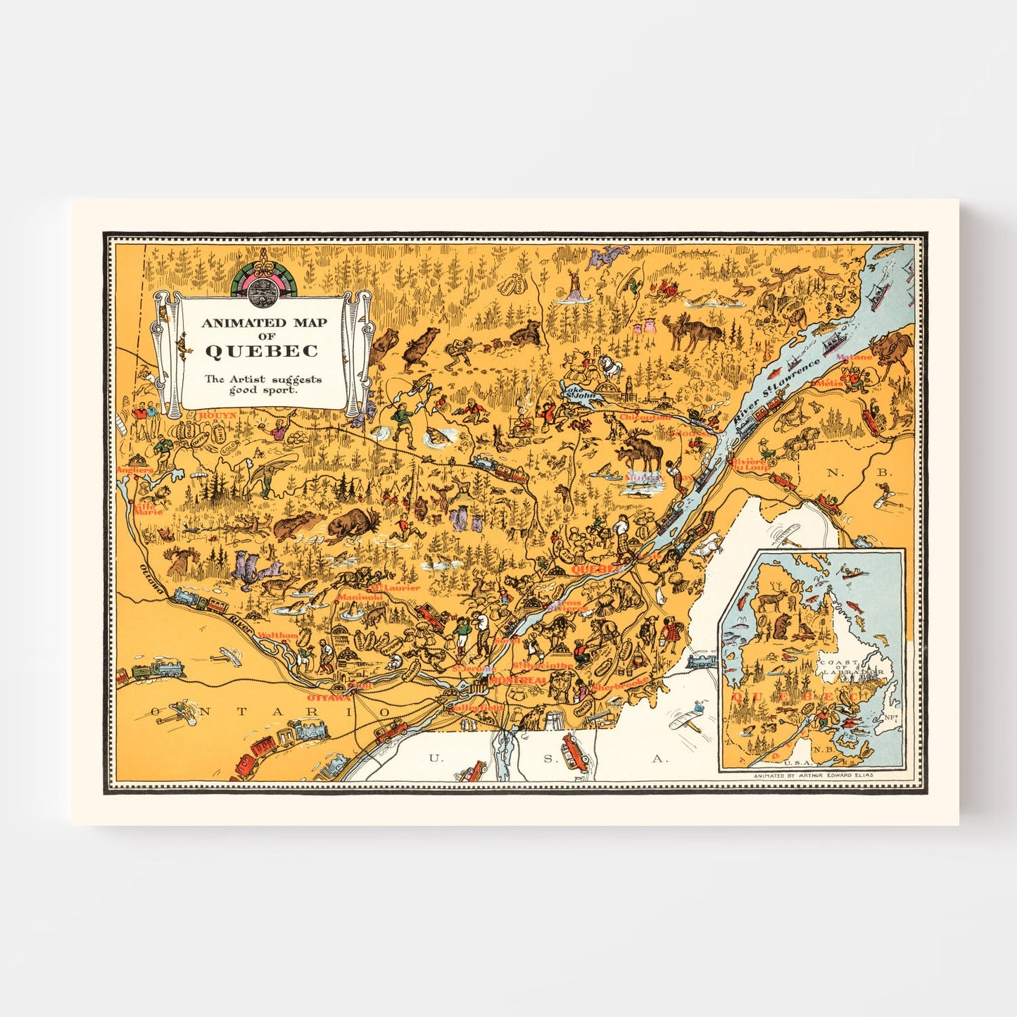 Vintage Map of Quebec, Canada, 1929