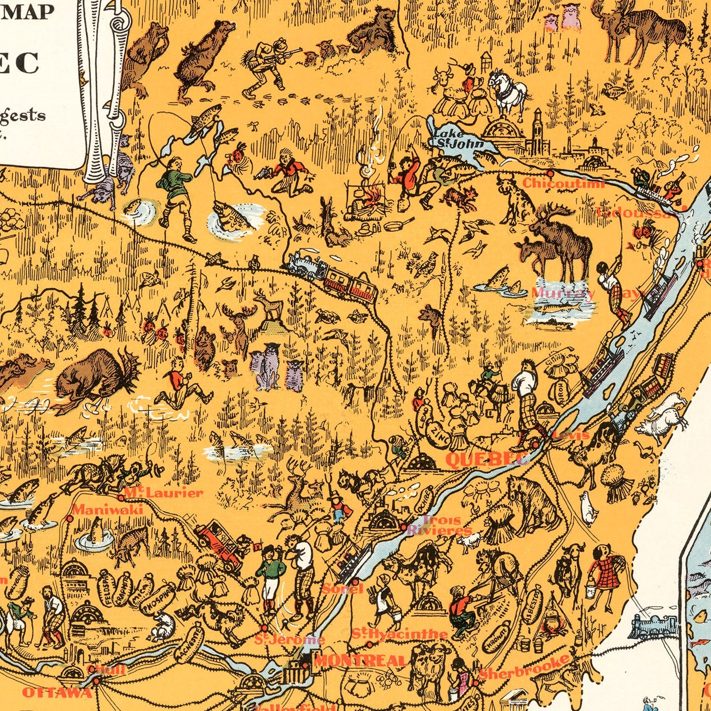 Vintage Map of Quebec, Canada, 1929