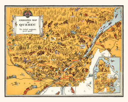 Vintage Map of Quebec, Canada, 1929