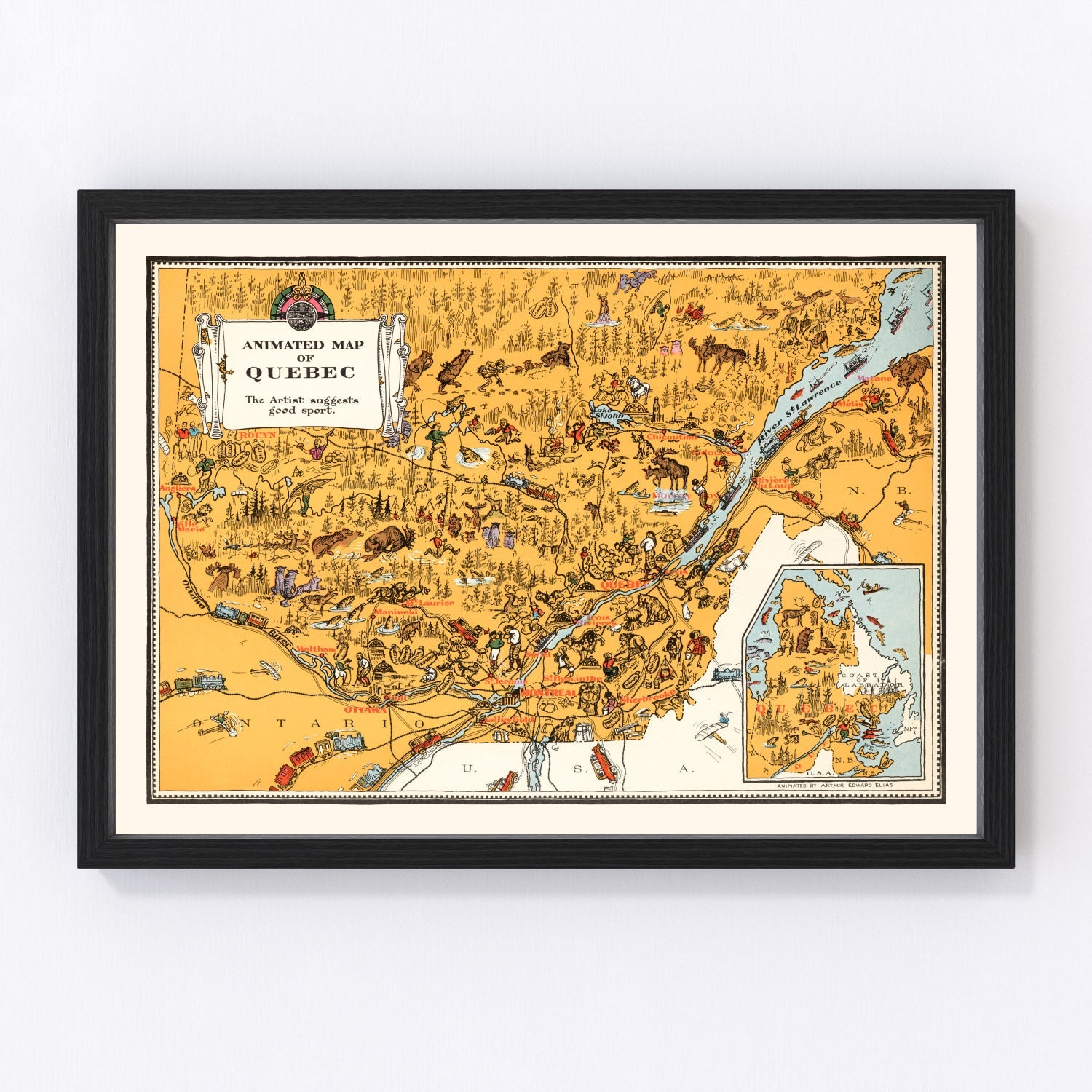 Vintage map of Quebec, Canada, 1929