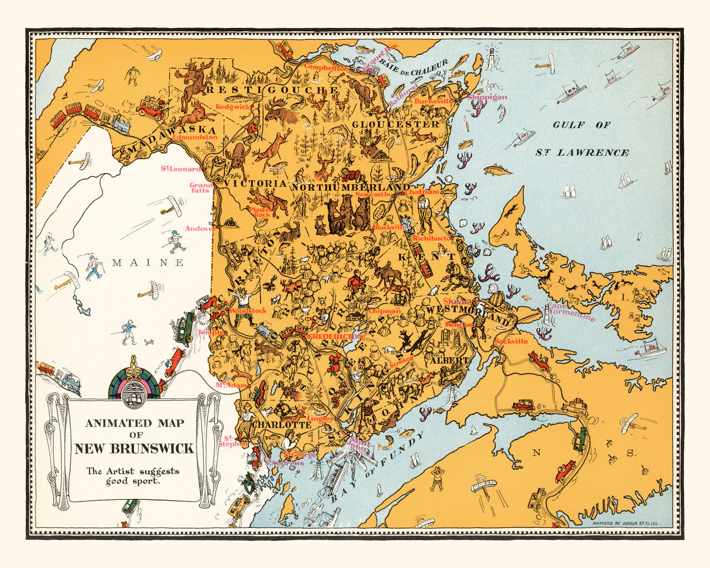 Vintage Map of New Brunswick, Canada, 1929